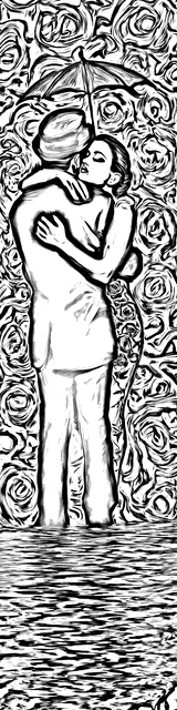 Free colorable bookmarks of a romantic couple hugging in the rain